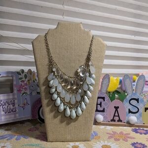 Pastel Mint & White Faceted Teardrop Bead Layered Statement Bib Necklace